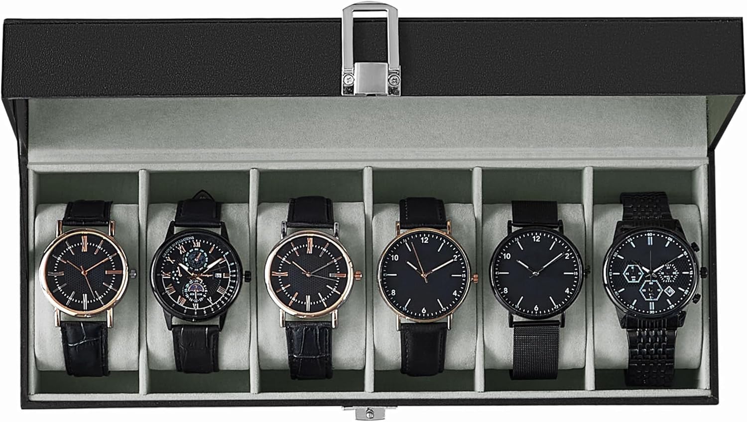 Watch Box, 6-Slot Watch Case Organizer with Large Glass Lid, Removable Pillows, Christmas Gift, Black Synthetic Leather, Greenish Gray Lining UJWB06BK