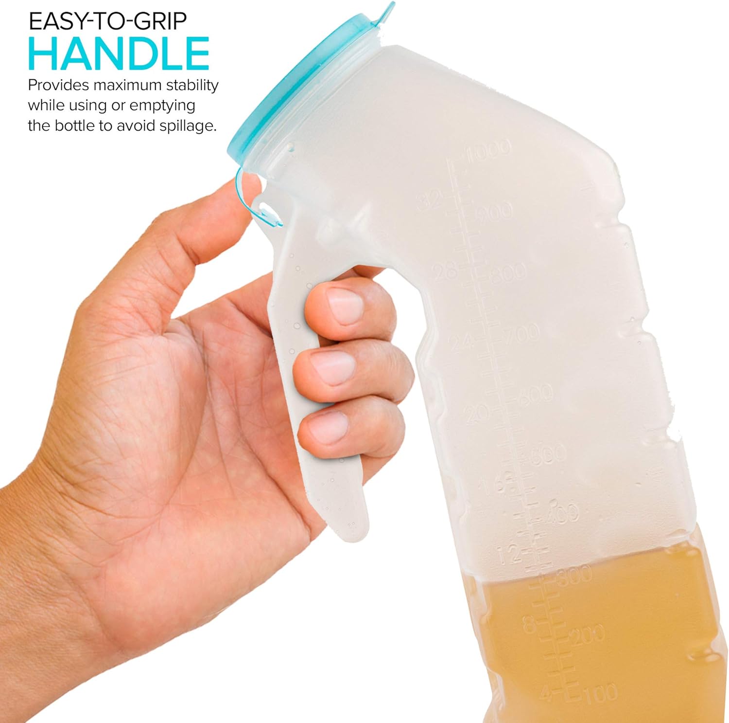 Male Urinal with Glow in The Dark Lid (2 Bottles) 32 Oz Urine Bottles for Men - Pee Bottles for Hospitals, Emergency and Travel