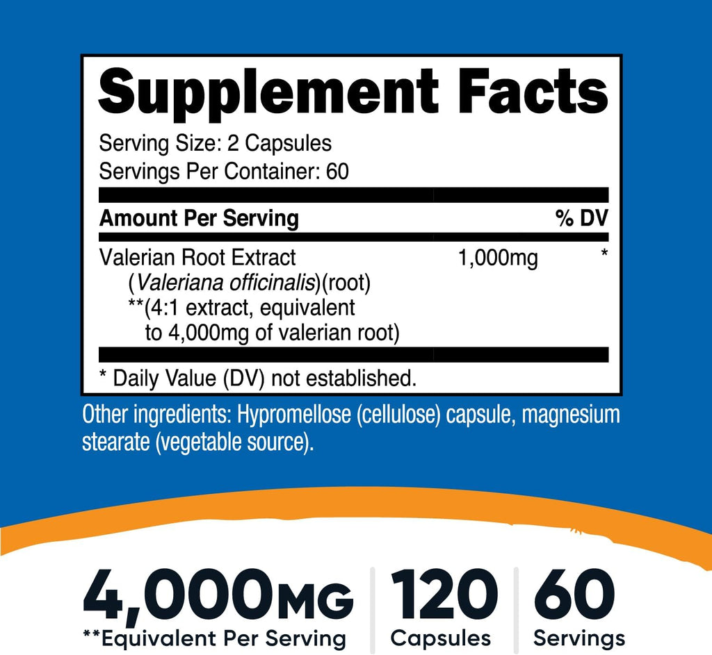 Nutricost Valerian Root Capsules (1000mg Per Serving) 120 Capsules - 4,000mg Equivalent Per Serving (4:1 Extract), Vegetarian Caps, Gluten Free, Non-GMO