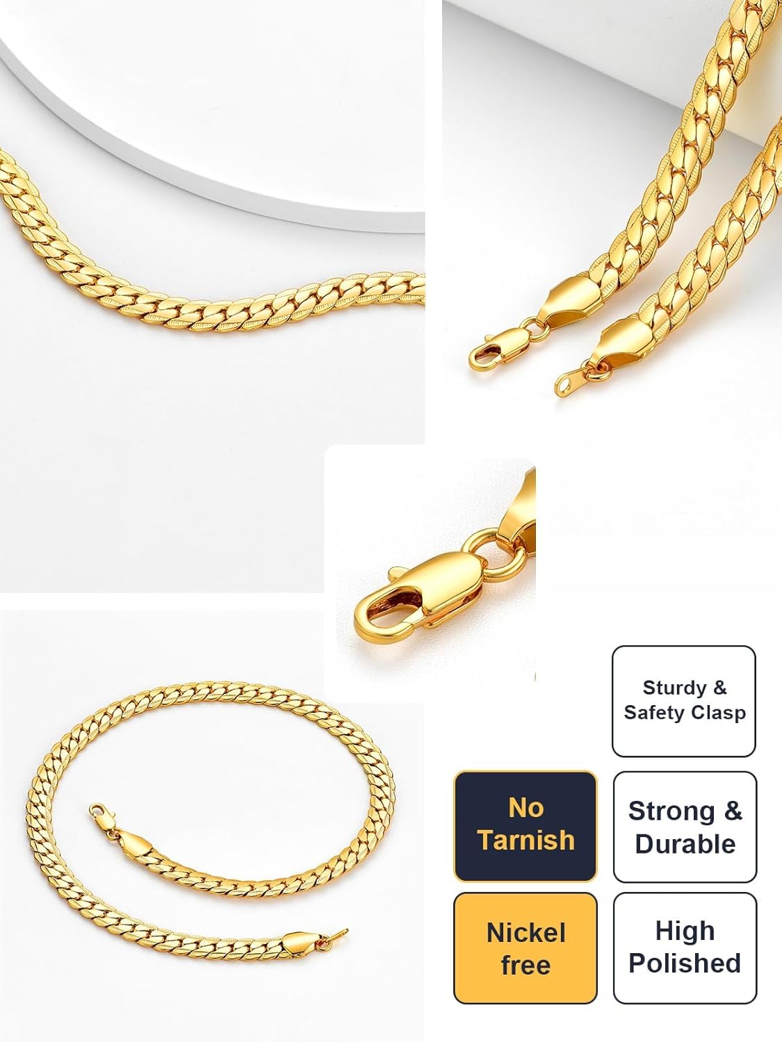 U7 Men Stainless Steel Necklace Cuban Link Chain, Flat Curb Chain Necklaces Unisex, Silver/Black/Gold Plated Chunky Hip Hop Neck Chain, 6mm/9mm Width, 18-32 Inches Length Jewelry for Mens Women