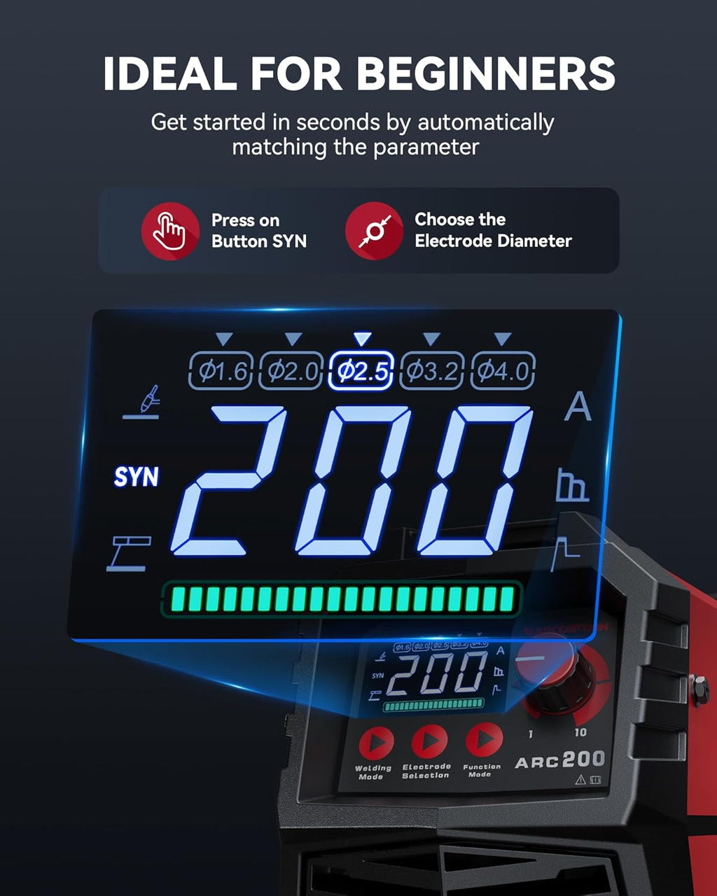 ARCCAPTAIN 200A Stick/Lift TIG Welder with Torch, [Large LED Display] 110V/220V Welding Machine with Synergic Control, IGBT Inverter, Portable MMA Welder Machine with Hot Start, Arc force