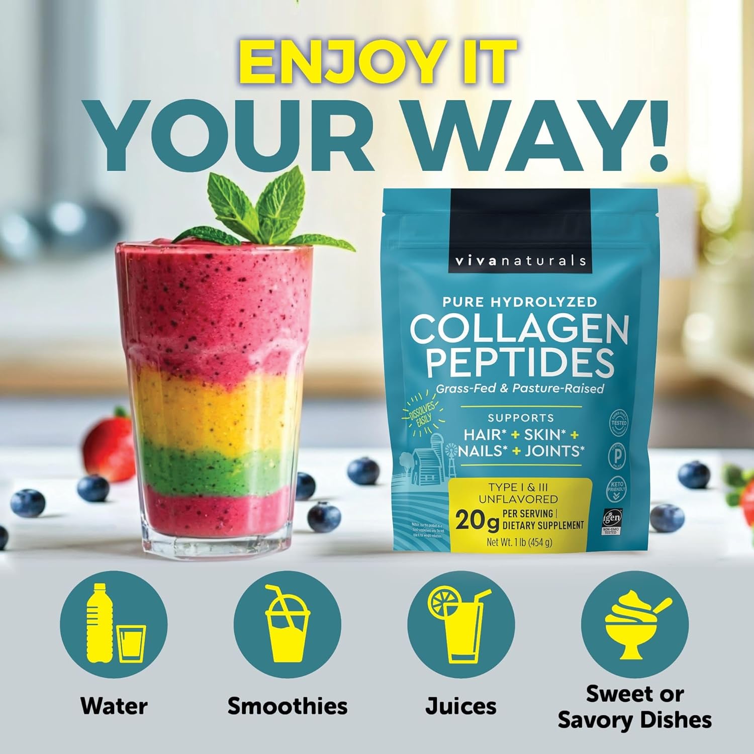 Viv Natural Hydrolyze Collage Peptide Powder l Grass-Fe Pasture-Raise Bovin Collagen Typ  III Unflavore Powde fo Hair Ski Nails