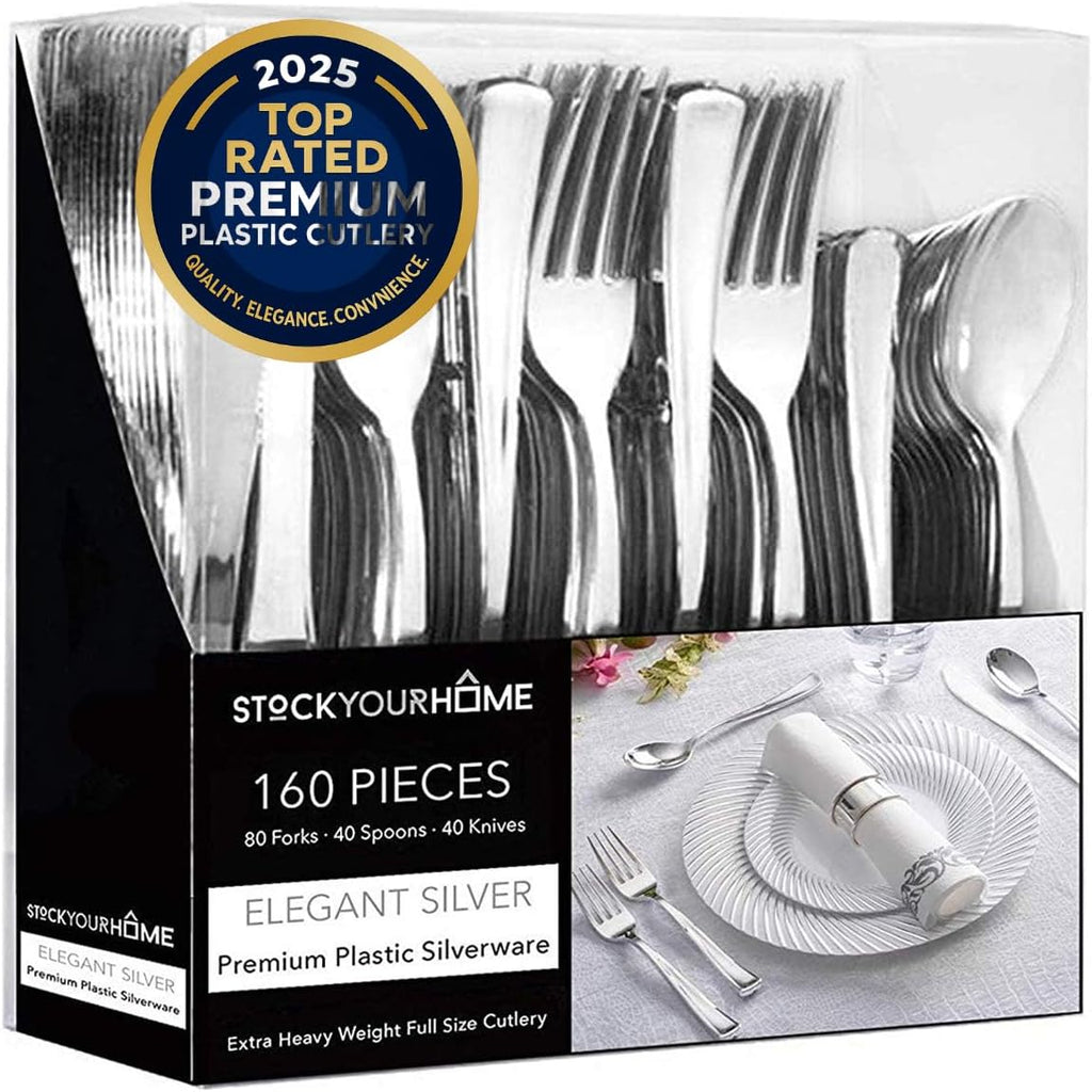16 Pac Silve Plasti Cutler Disposabl Silverwar 8 Forks 4 Knives 4 Spoon Fo Catering Parties Dinners Weddings an Everyda Use