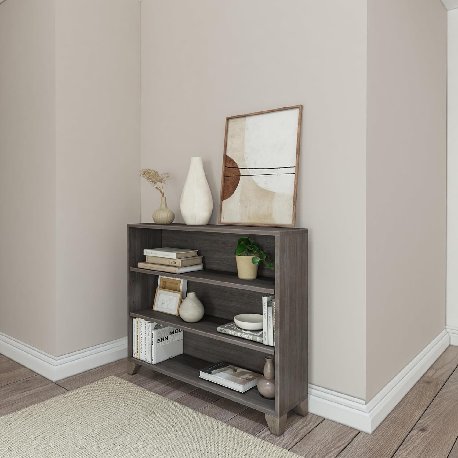 Plank+Beam Classic 3 Shelf Adjustable Bookcase, Engineered Wood Bookshelves for Home, Adjustable Shelves for Versatile Storage, 3 Tier Storage Organizer Bookshelf, Clay
