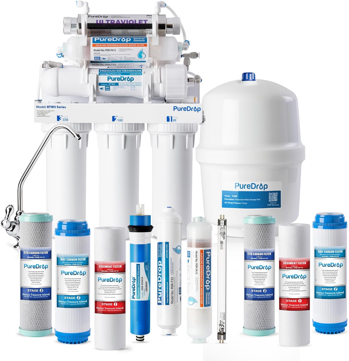RTW5AK-UV SGS-Tested Reverse Osmosis Water Filter System with Alkaline Remineralization & UV Filter, 7-Stage Under Sink RO Water Filtration System Plus Extra 3 Filters, 50 GPD