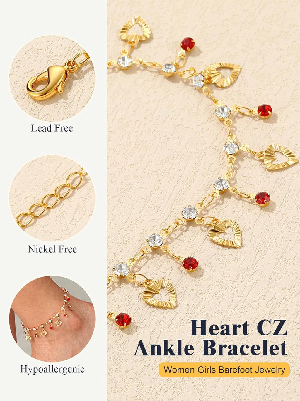 U7 Women Girls Barefoot Jewelry 18K Gold or Rose Gold Stainless Steel Heart/Rope/Figaro/Cuban Chain Anklet Foot Bracelet, 25-30 CM Long