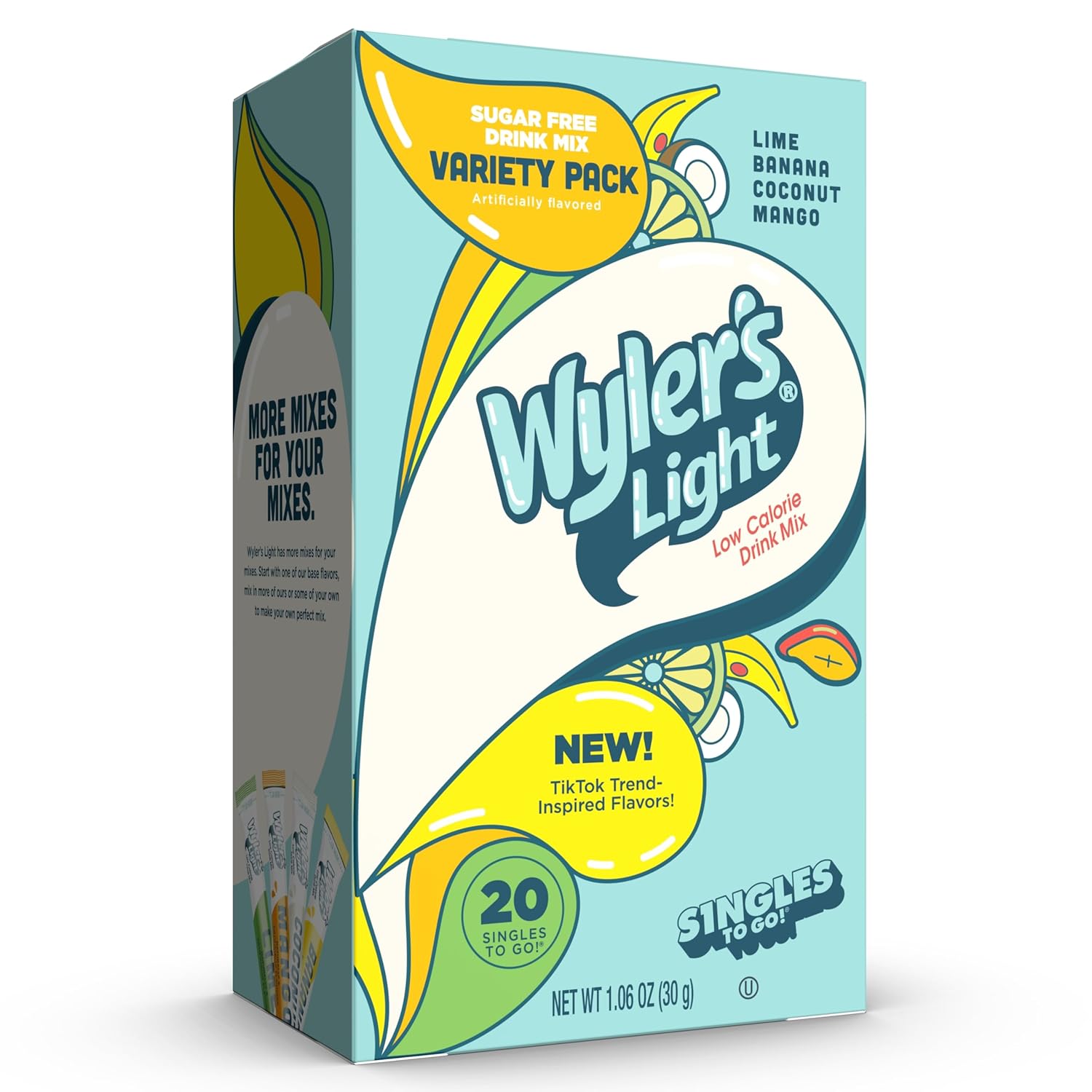 Wyler' Ligh Single t G Powde Packets Wate Drin Mix Variet Pack Lime Banana Coconut Mango Waterto Bas Flavors Suga Caffein Free On-The-Go 2 Coun (Pac 1)