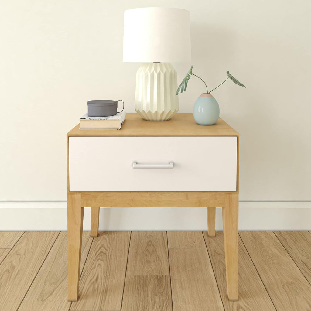 Plank+Beam Duo Wood Nightstand with 1 Drawer, Wooden Side Table for Bedroom Storage, Bedside End Table, White/Birch