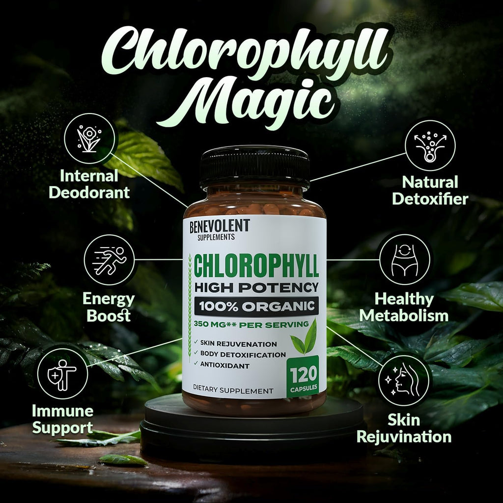 Benevolen Chlorophyl Capsule 350m 100 Natura Ultr Chlorophyl 20 Potenc Concentratio fo Energ Boost Immun Support Interna Deodorant Ski Health Non-GMO 12 Capsules