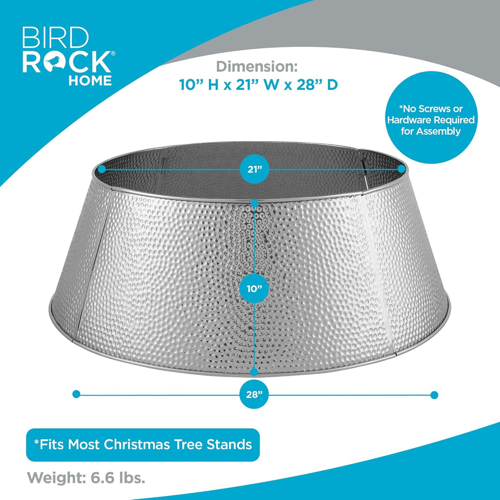 BIRDROCK HOME 4-Panel Christmas Tree Collar - Metal Holiday Skirt Decor - Water Base Protection from Pets (Silver - Hammered)