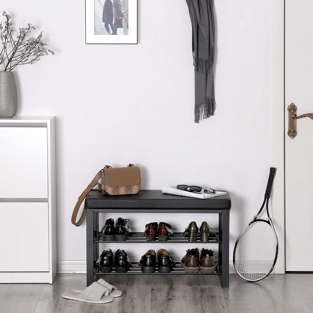 SONGMICS Shoe Bench, 3-Tier Shoe Rack for Entryway, Storage Organizer with Foam Padded Seat, Faux Leather, Metal Frame, for Living Room, Hallway, 12.2 x 31.9 x 19.3 Inches, Black ULBS58H