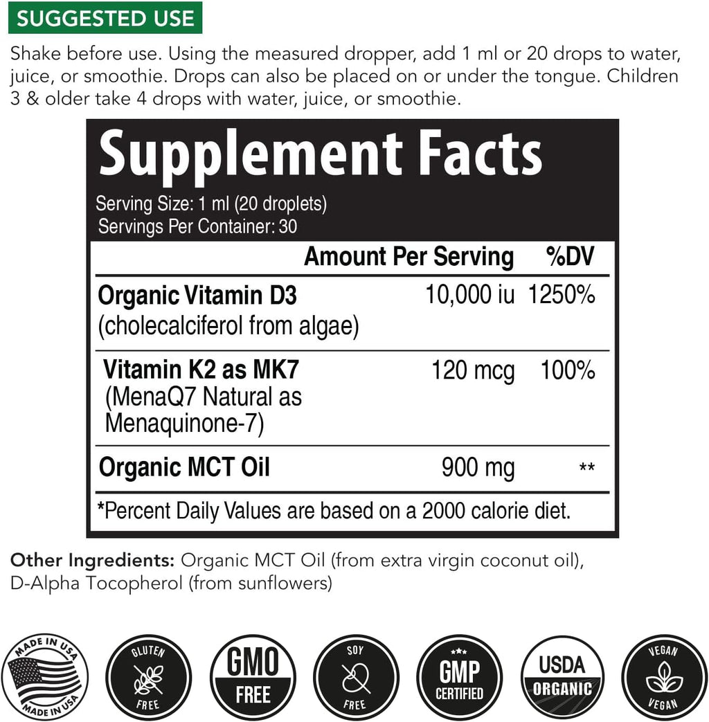 Organic Plant D3 + K2 - 10,000 iu - All-Trans MK7 from MenaQ7 (120 mcg K2)100% Organic & Plant-Based Sublingual D3 Drops (Cholecalciferol), 100% Vegan - Supports Immunity, Bone, Mood & Brain (2 Pack)