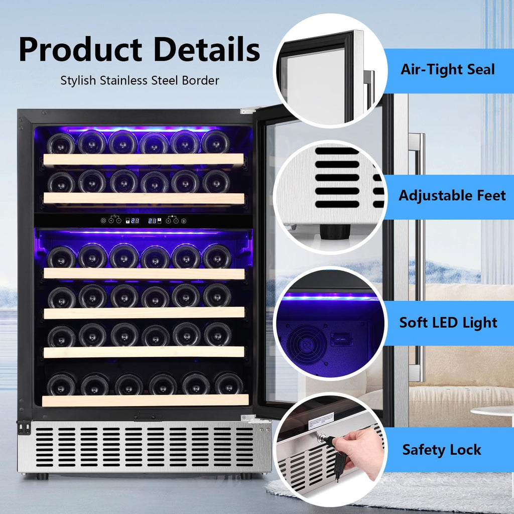 Antarctic Star 24inch Wine Cooler Beverage Refrigerator,Under Counter Beer Mini Fridge Built-in Freestanding Stainless Steel Dual-Layer Digital Temperature Control Glass Door