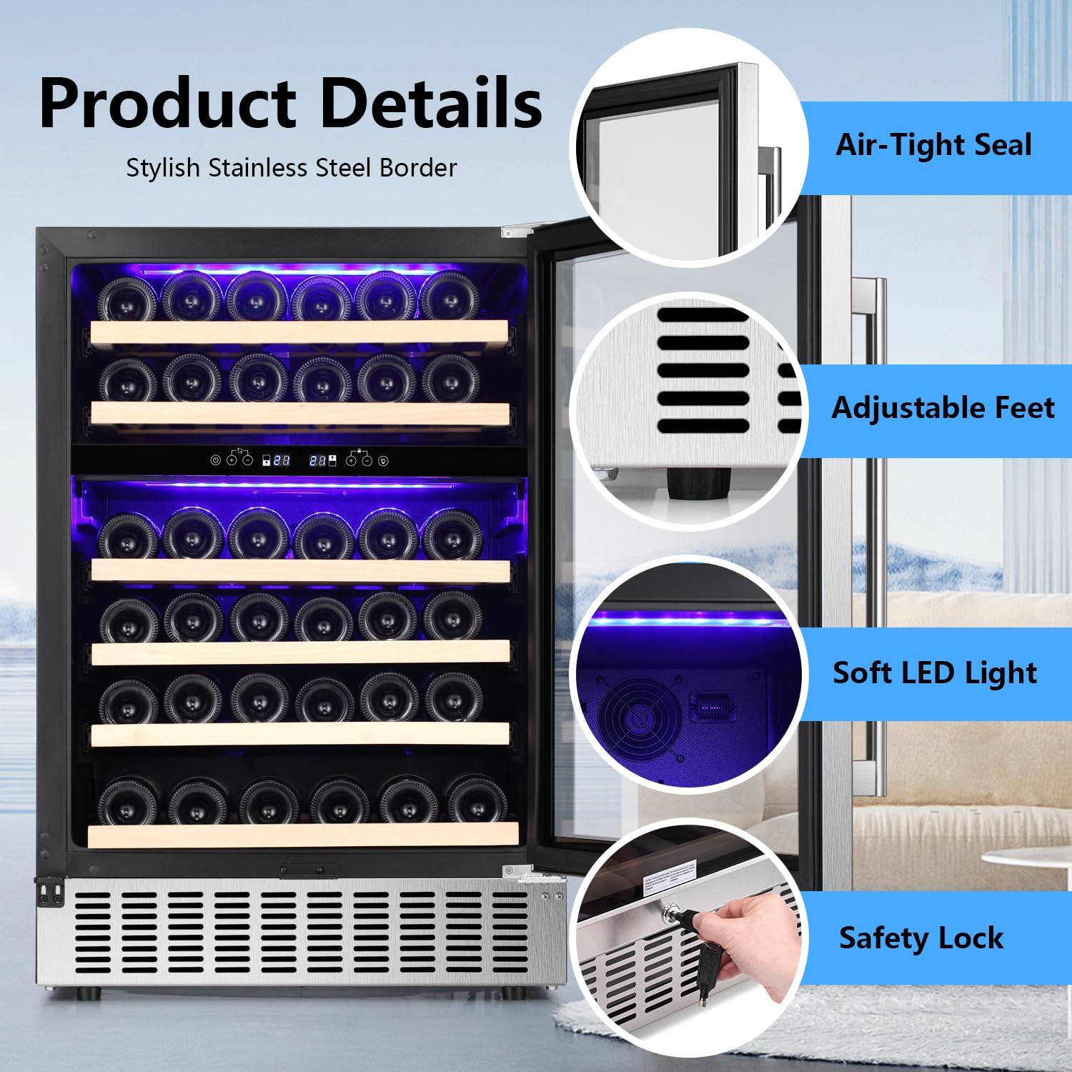 Antarctic Star 24inch Wine Cooler Beverage Refrigerator,Under Counter Beer Mini Fridge Built-in Freestanding Stainless Steel Dual-Layer Digital Temperature Control Glass Door