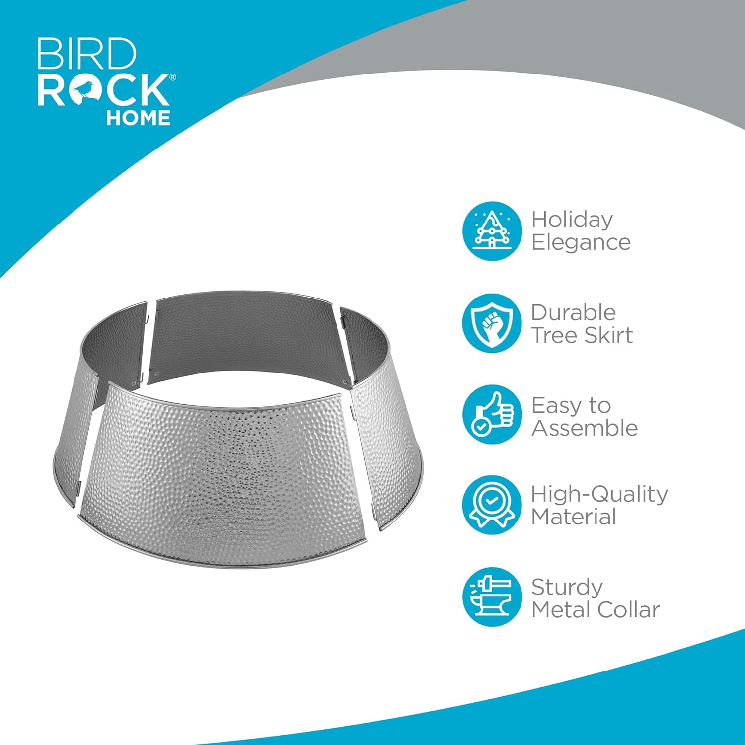 BIRDROCK HOME 4-Panel Christmas Tree Collar - Metal Holiday Skirt Decor - Water Base Protection from Pets (Silver - Hammered)