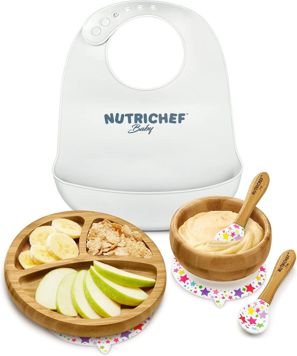 Nutriche Bab an Toddler compartmen plate bowl an spoo feedin set silico suction Non-toxi al natura Bambo bab foo plat wit silico bi (Star)