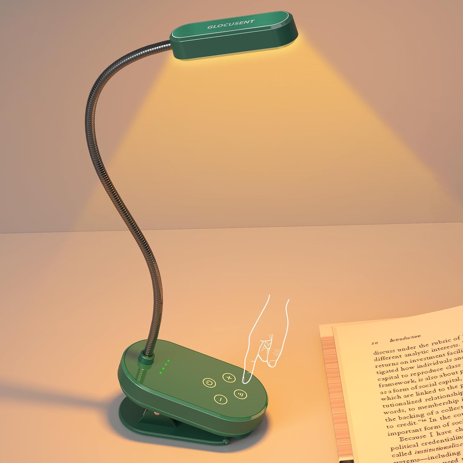 Glocusent 16 LED Mini Book Light for Reading in Bed, Clip On Reading Light, Rechargeable Long Lasting for 80+Hrs, 3 Colors 5 Brightness Levels, Perfect Reader Gifts, Book Lovers, Kids (Green)