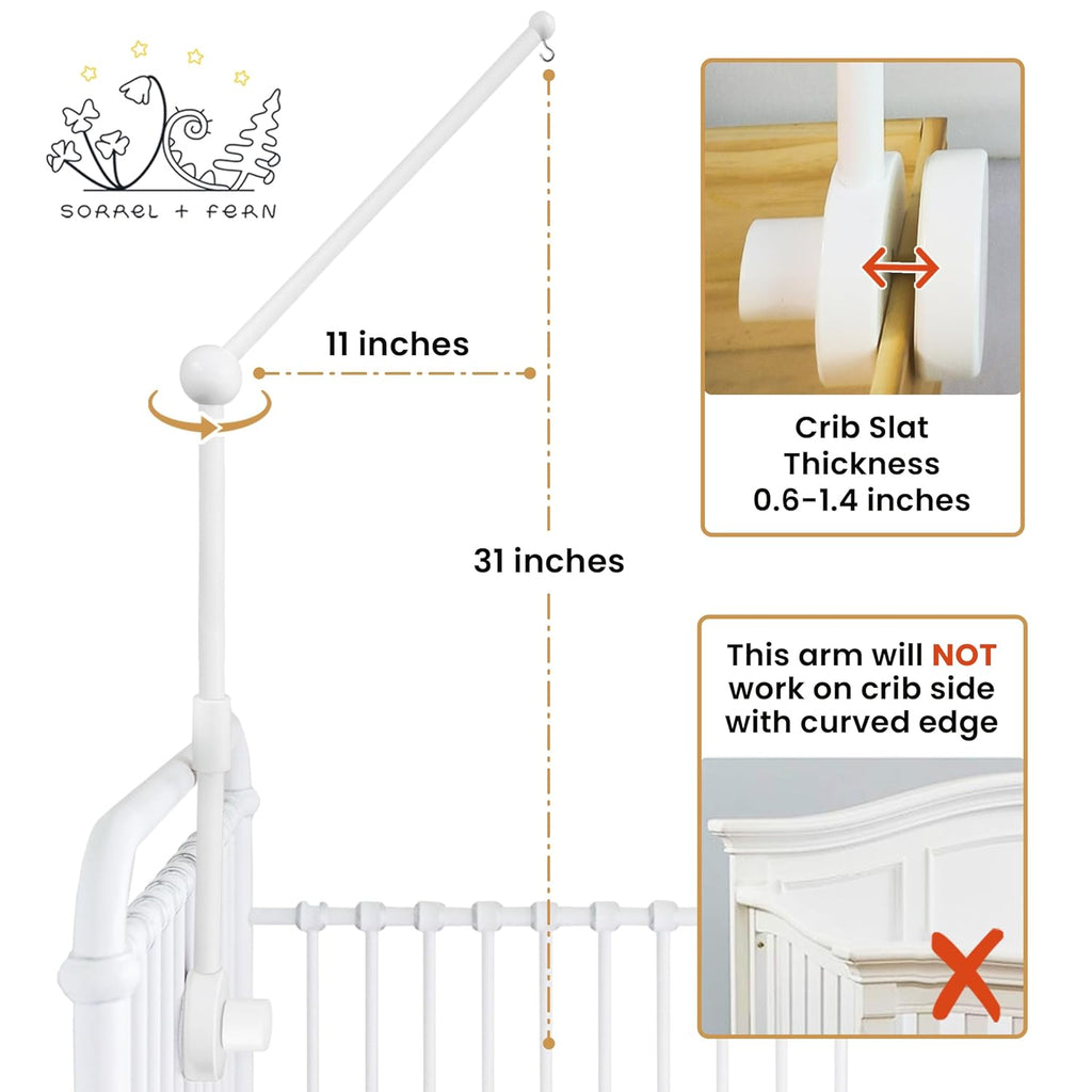 Baby Crib Mobile Arm Wooden Holder - Baby Mobile Hanger for Crib (31 inch, 100% Natural Beech Wood) Strong Anti Slip - Nursery Decor & Gift Accessories (White)