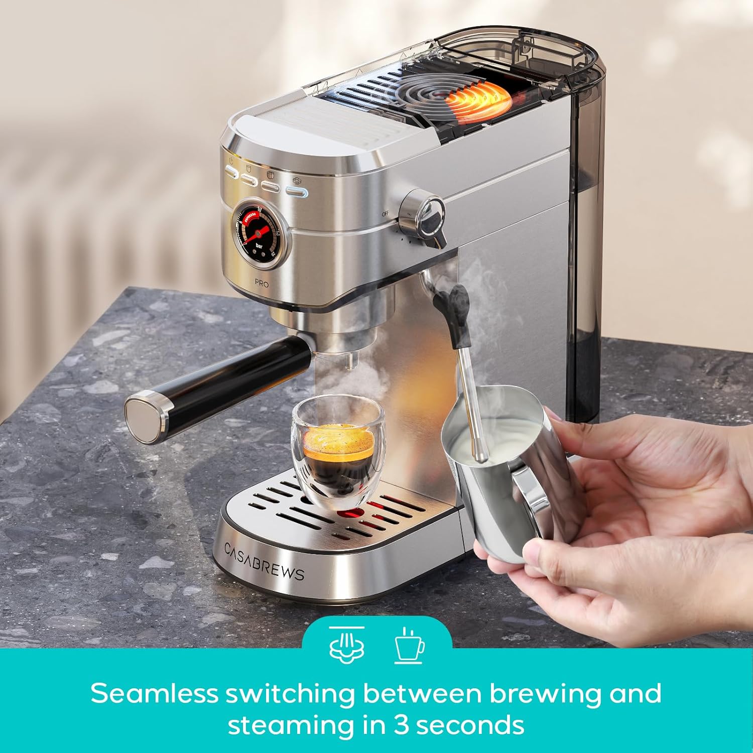 CASABREW 541 PR Espress Machin 2 Bar Upgrade Espress Make wit Powerfu Stea Mil Frother Stainles Stee Coffe Machin wit Fas Heatin Syste fo Cappuccino Latte Silver