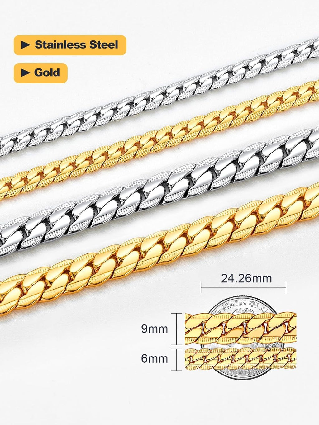 U7 Men Stainless Steel Necklace Cuban Link Chain, Flat Curb Chain Necklaces Unisex, Silver/Black/Gold Plated Chunky Hip Hop Neck Chain, 6mm/9mm Width, 18-32 Inches Length Jewelry for Mens Women