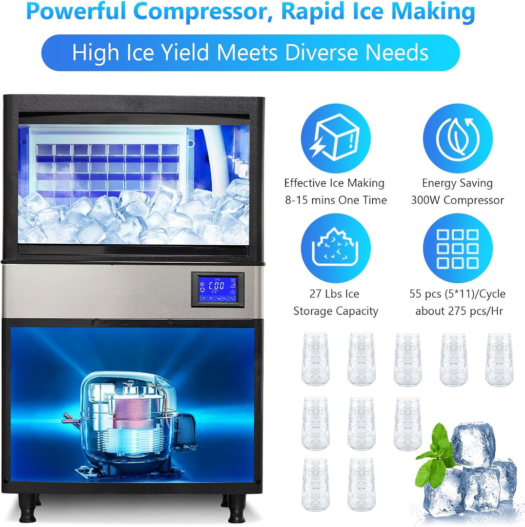 GarveeHom Unde Counte Ic Make Machin 11 LBS/24H Commercia Ic Make Machin 3 LB Storag Bin LC Pane wit Blu Ligh Stainles Stee Scoo fo Restaurant Home Bars Coffe Shop
