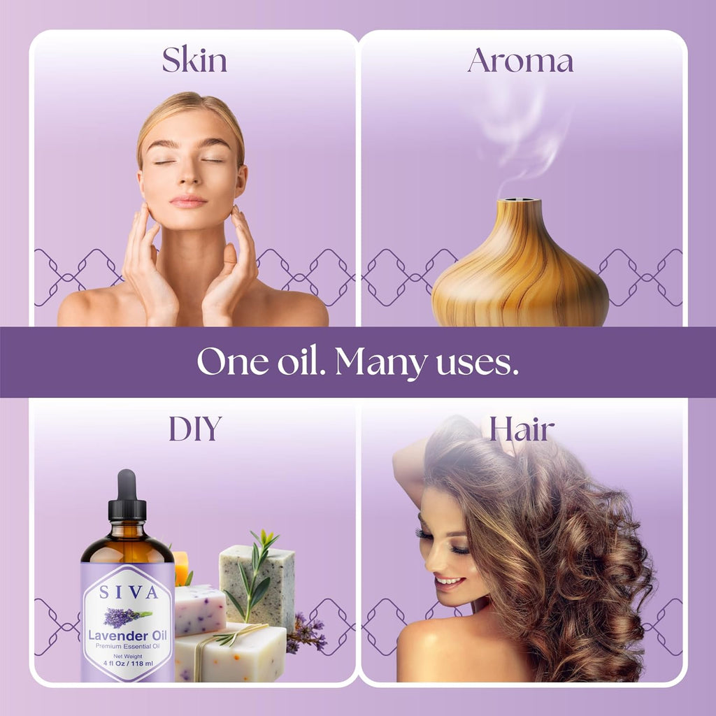 Siva Lavender Essential Oil - 4 Fl Oz ¨C 100% Natural Lavender Oil - for Diffuser, Face, Skin Care, Aromatherapy, Hair Care, Scalp and Body Massage - with Dropper