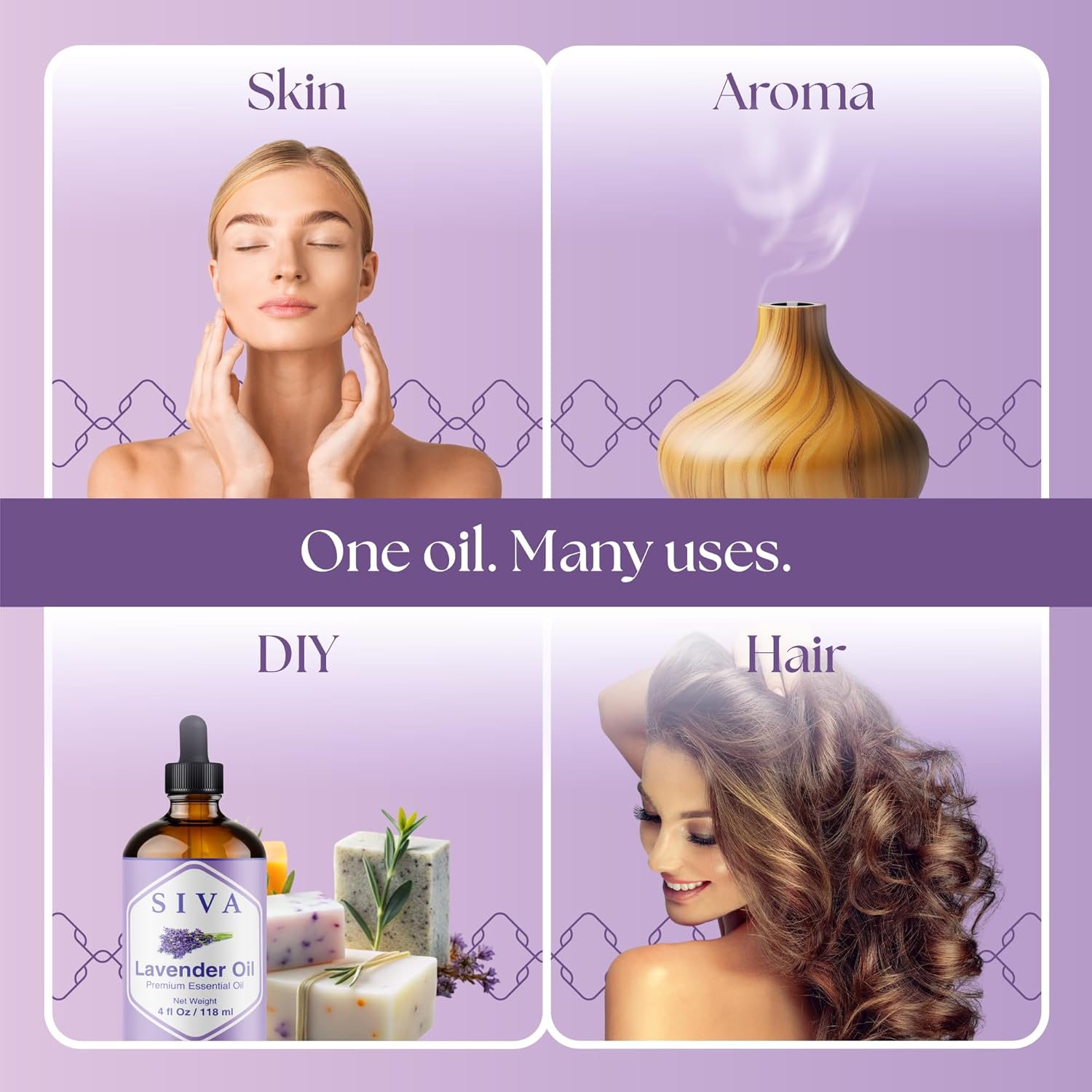 Siva Lavender Essential Oil - 4 Fl Oz ¨C 100% Natural Lavender Oil - for Diffuser, Face, Skin Care, Aromatherapy, Hair Care, Scalp and Body Massage - with Dropper