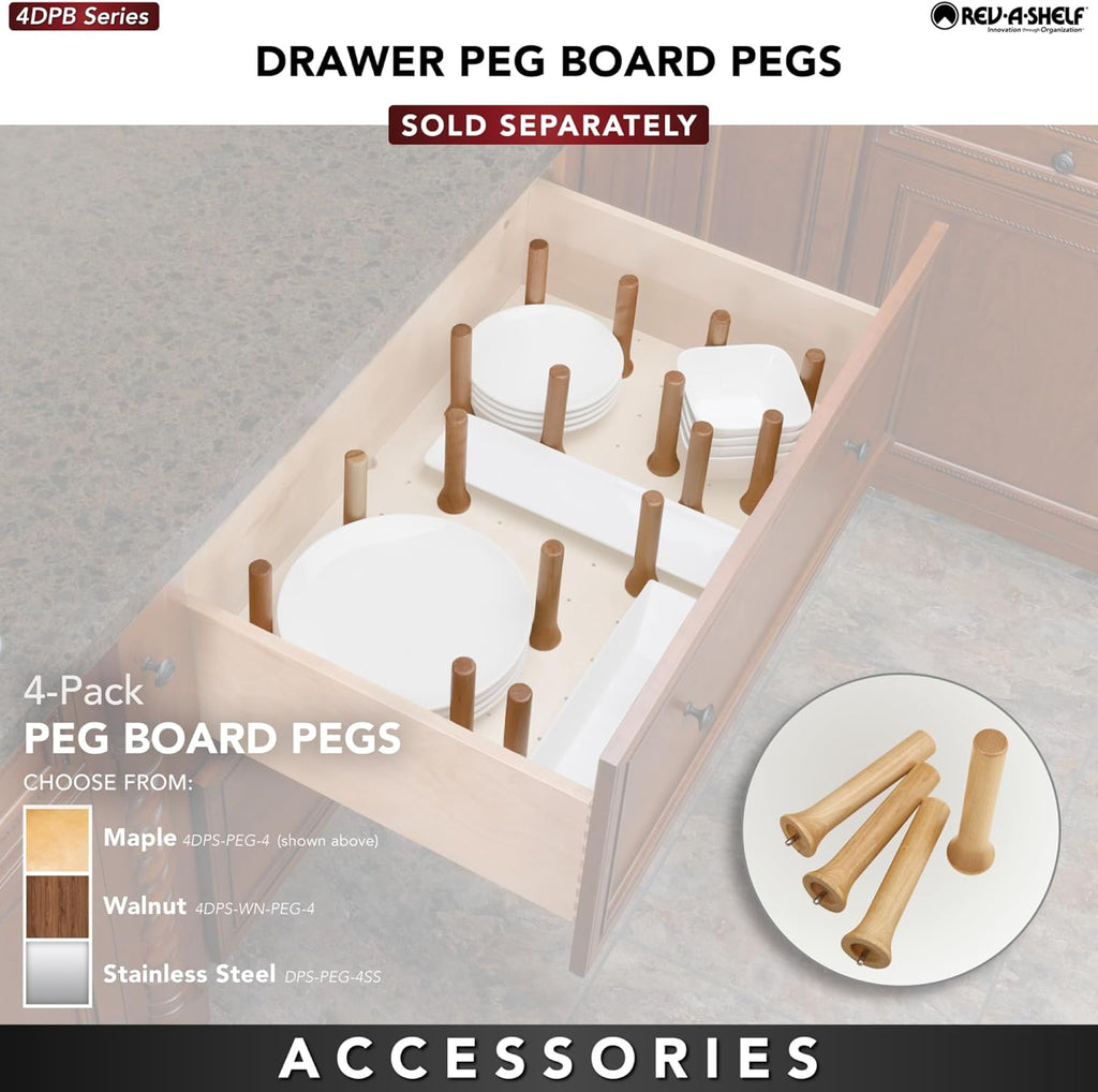 Rev-A-Shelf Trimmable Pegboard Drawer Divider Organizer, Trim to Fit Wooden Kitchen Cabinet Storage Utensil, Pots & Dish Rack, 30inch x 21inch, 4DPS-3021