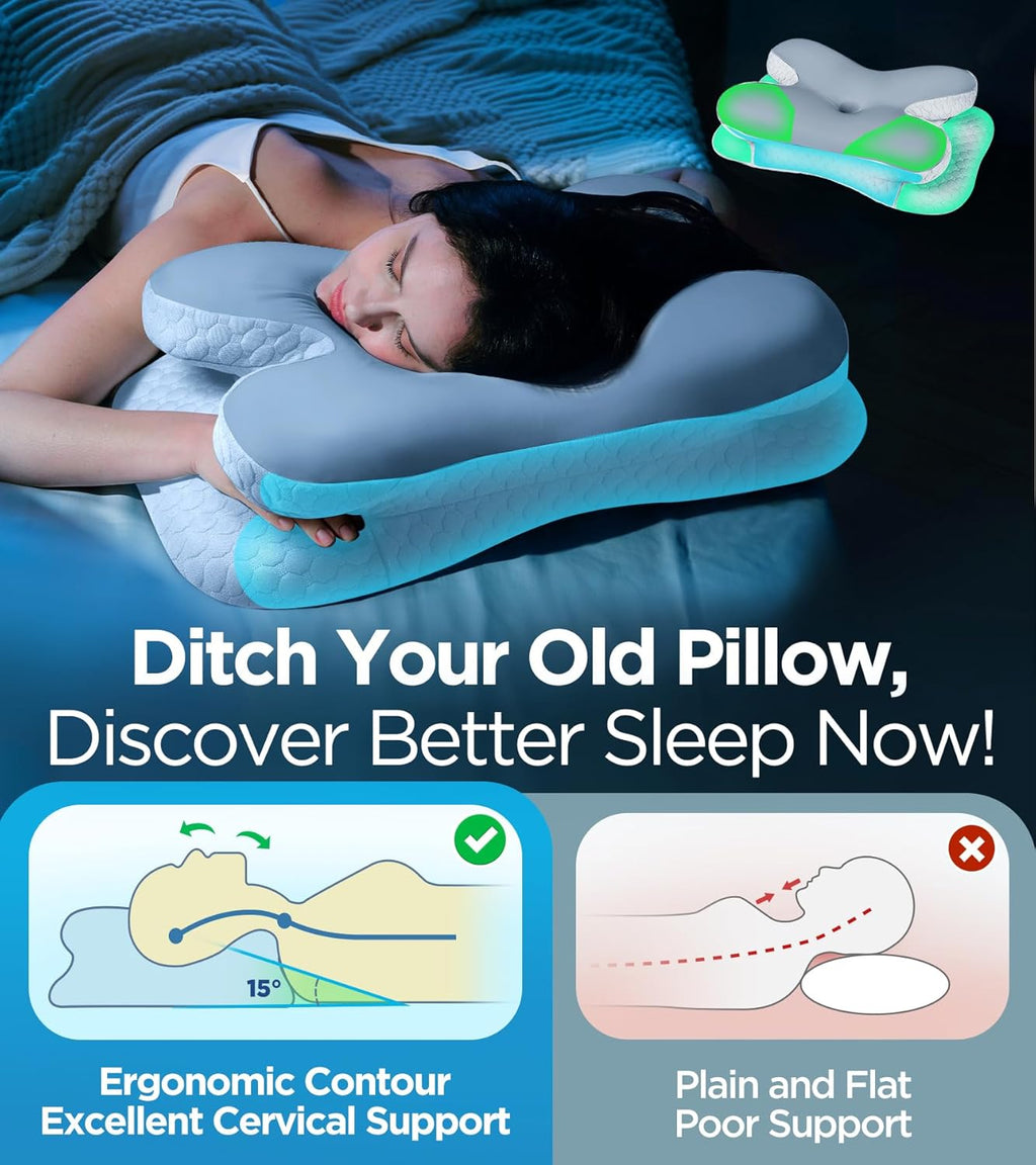 Osteo Enjoy Pain Relief Sleeping Cervical Neck Pillow, Ergonomic Contour Zoned Fits Side Sleeper, Non-Temperature Affected Memory Foam Pillows, Q-max Cooling Pillow Support Back Stomach Sleepers