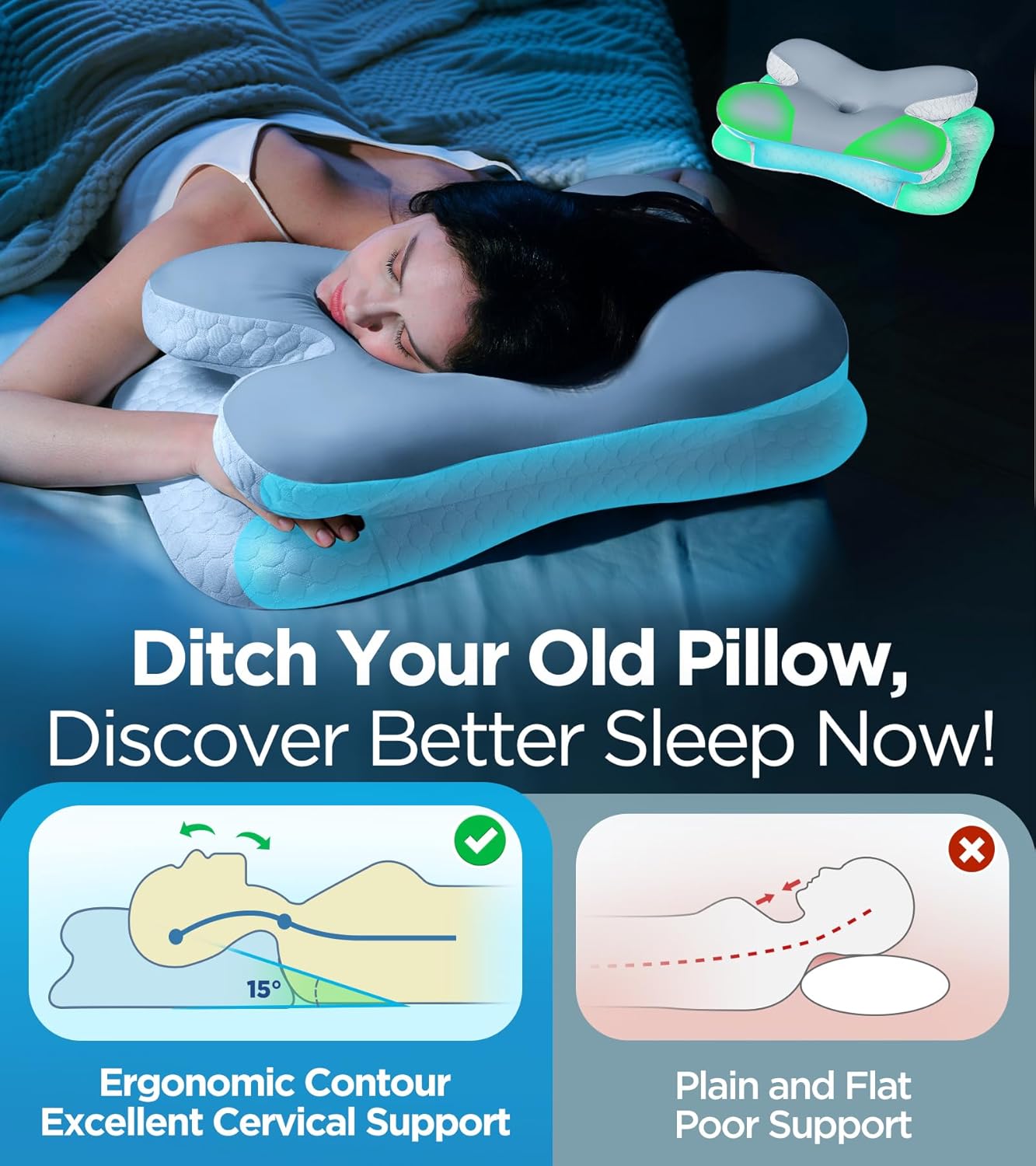 Osteo Enjoy Pain Relief Sleeping Cervical Neck Pillow, Ergonomic Contour Zoned Fits Side Sleeper, Non-Temperature Affected Memory Foam Pillows, Q-max Cooling Pillow Support Back Stomach Sleepers