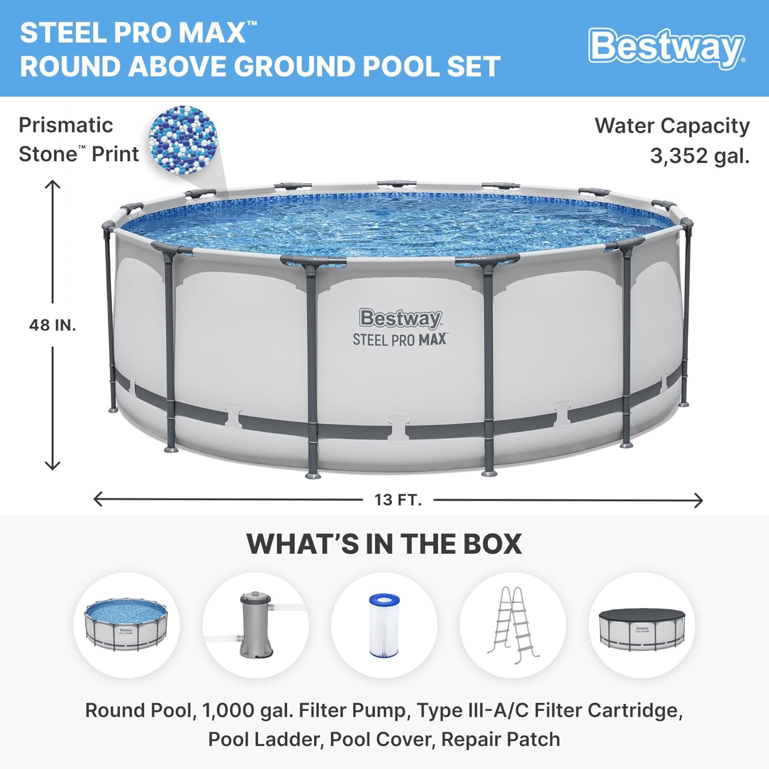 Steel Pro MAX 13' x 48inch Above Ground Pool, Round Metal Frame Outdoor Swimming Pool Set with Filter Pump, Ladder, and Cover, Gray