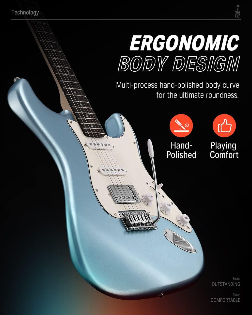 Donner DST-152R Electric Guitar, 39inch Beginner Electric Guitar Kit, HSS Pickup with Coil Split, Guitar Starter Set with Amp, Bag, All Accessories, Metallic Ice Blue