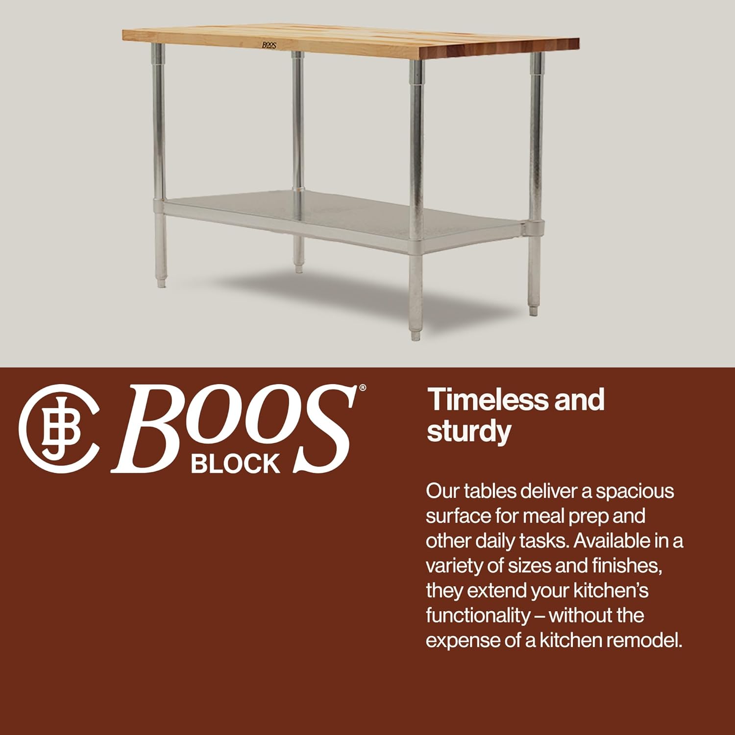 John Boos Maple Wood Top Work Table with Adjustable Lower Shelf, 60 x 30 x 1.5inch