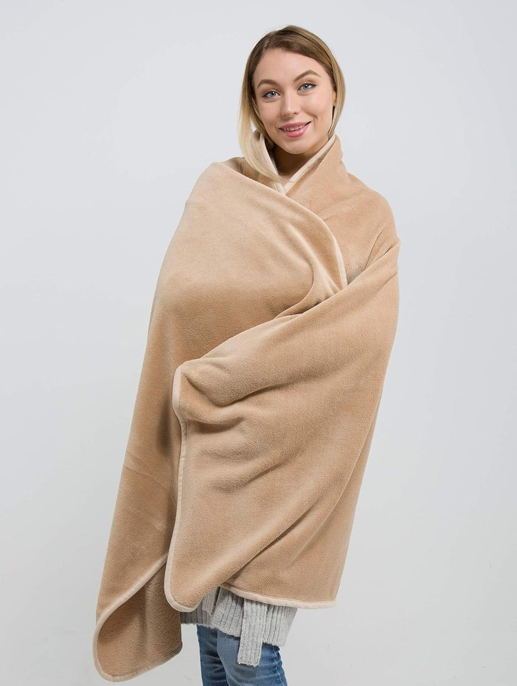 BlueHills Travel Blanket Pillow Rolled Premium Soft Plush Airplane Throw Traveler Essentials Gift Compact in a Bag 70X48 inches Long Car Plane Flight Portable Beige R06