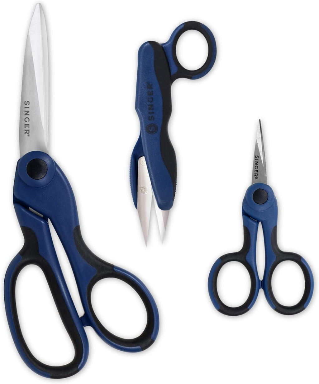 SINGER ProSeries Sewing Scissors Bundle: 8.5inch Heavy Duty Fabric, 4.5inch Detail Embroidery, 5inch Thread Snips With Comfort Grip (Dark Blue)