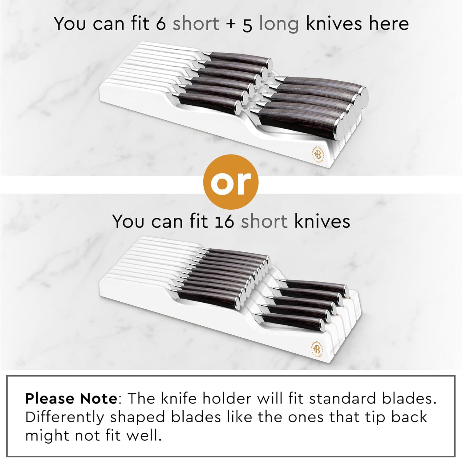 In-Drawer Knife Block - Bamboo Knife Drawer Organizer for Kitchen - Fits 5 Long + 6 Short Knives | Store Knives with Blades Pointing Down - Wooden Steak knife Holder without Knives (White)