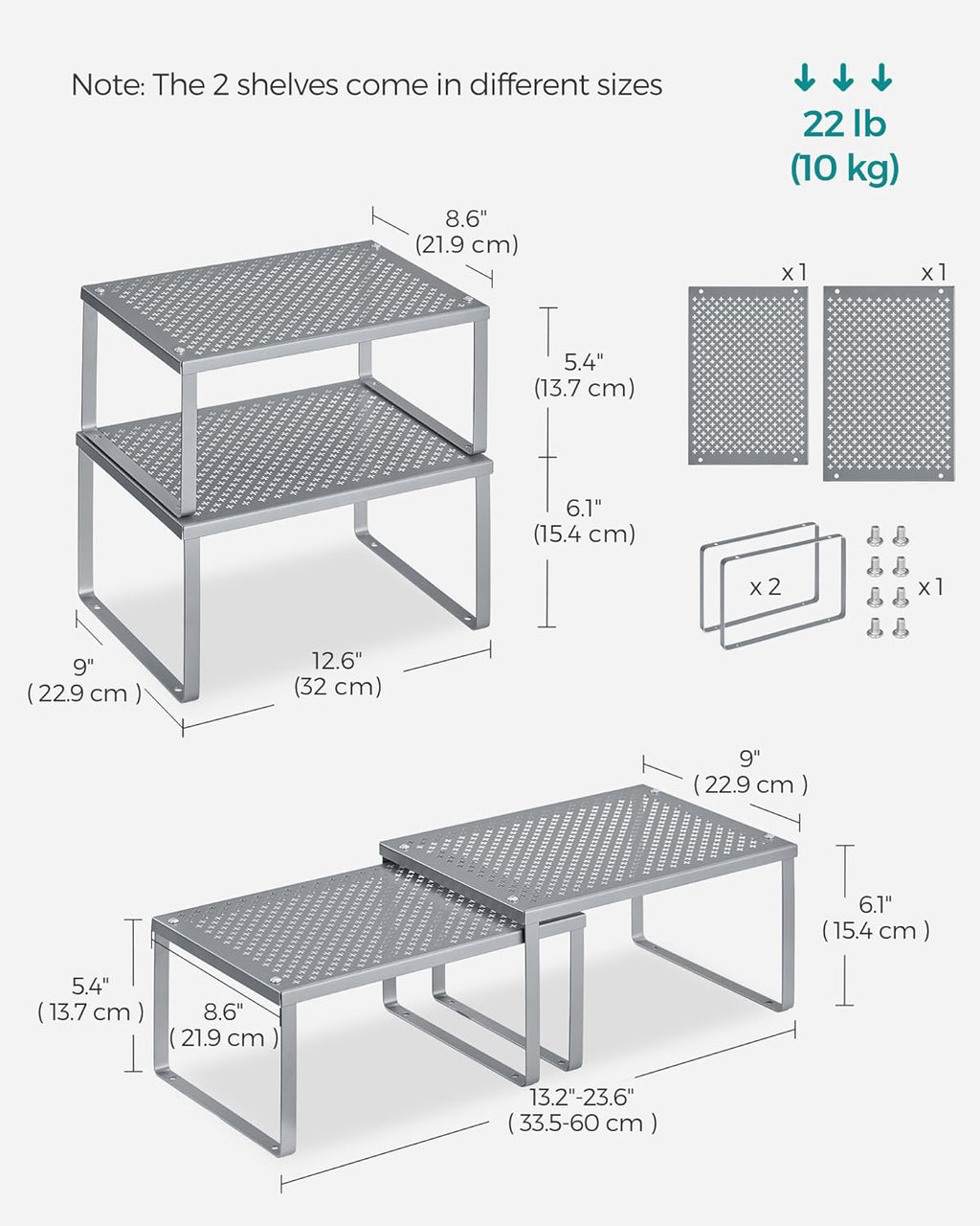 SONGMICS Spice Racks, Set of 4 Metal Cabinet Shelf Organizers, Countertop Organizers, Shelf Risers, Stackable, Expandable, Silver UKCS006S01