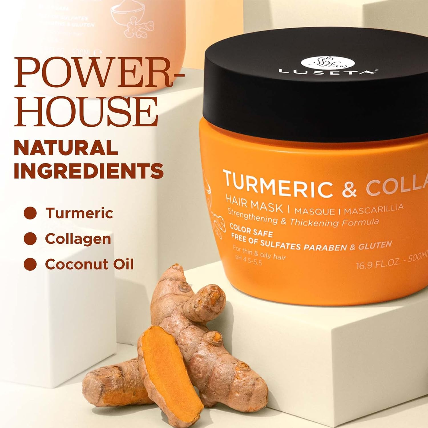 Luseta Turmeric Collagen Hair Mask Thickening Hair Treatment for Thin and Oily Hair, Nourish Scalp, Frizz Control Add Shine, Sulfate Free