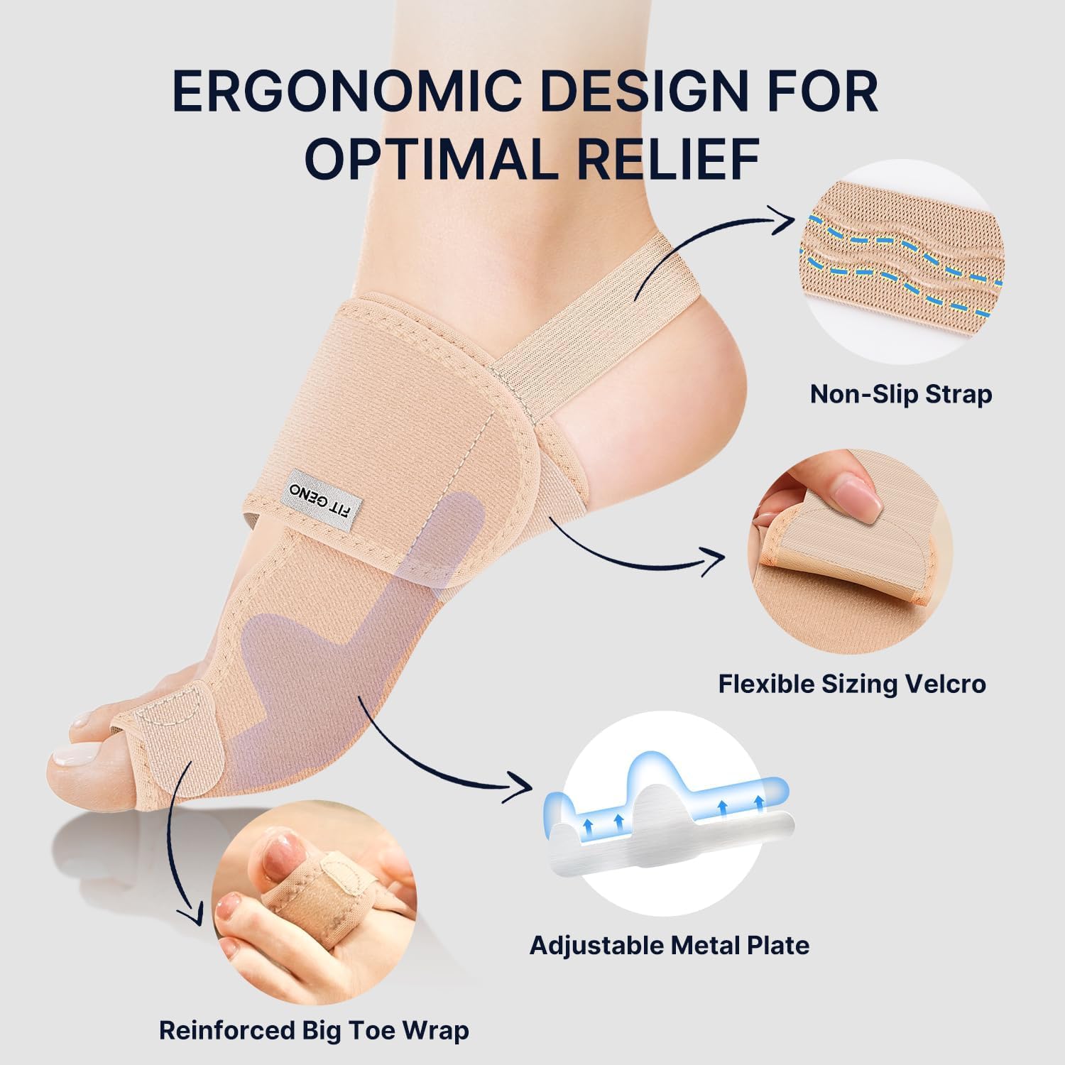 Fit Geno Bunion Corrector for Women & Men - Adjustable Big Toe Separator for Pain Relief - Orthopedic Toe Corrector for Hallux Valgus - Day & Night Support - 1 Pair