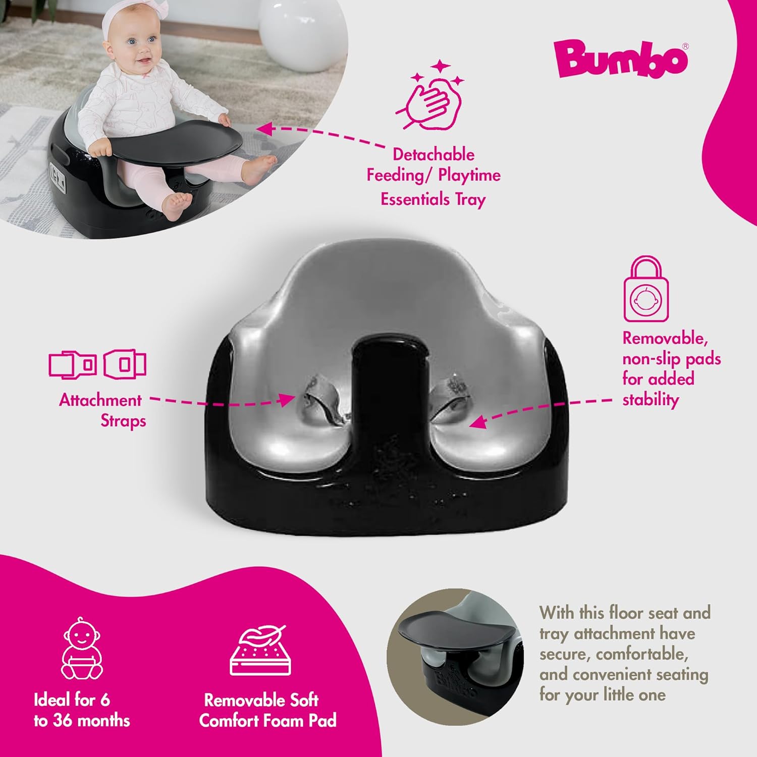 Bumbo 2 Pack 3-in-1 Multi-Seat for 6 to 36 Months, Travel Baby Feeding and Play Floor Seat, All-in-One Portable Booster with Tray Toddler High Chair, Black/Cool Grey