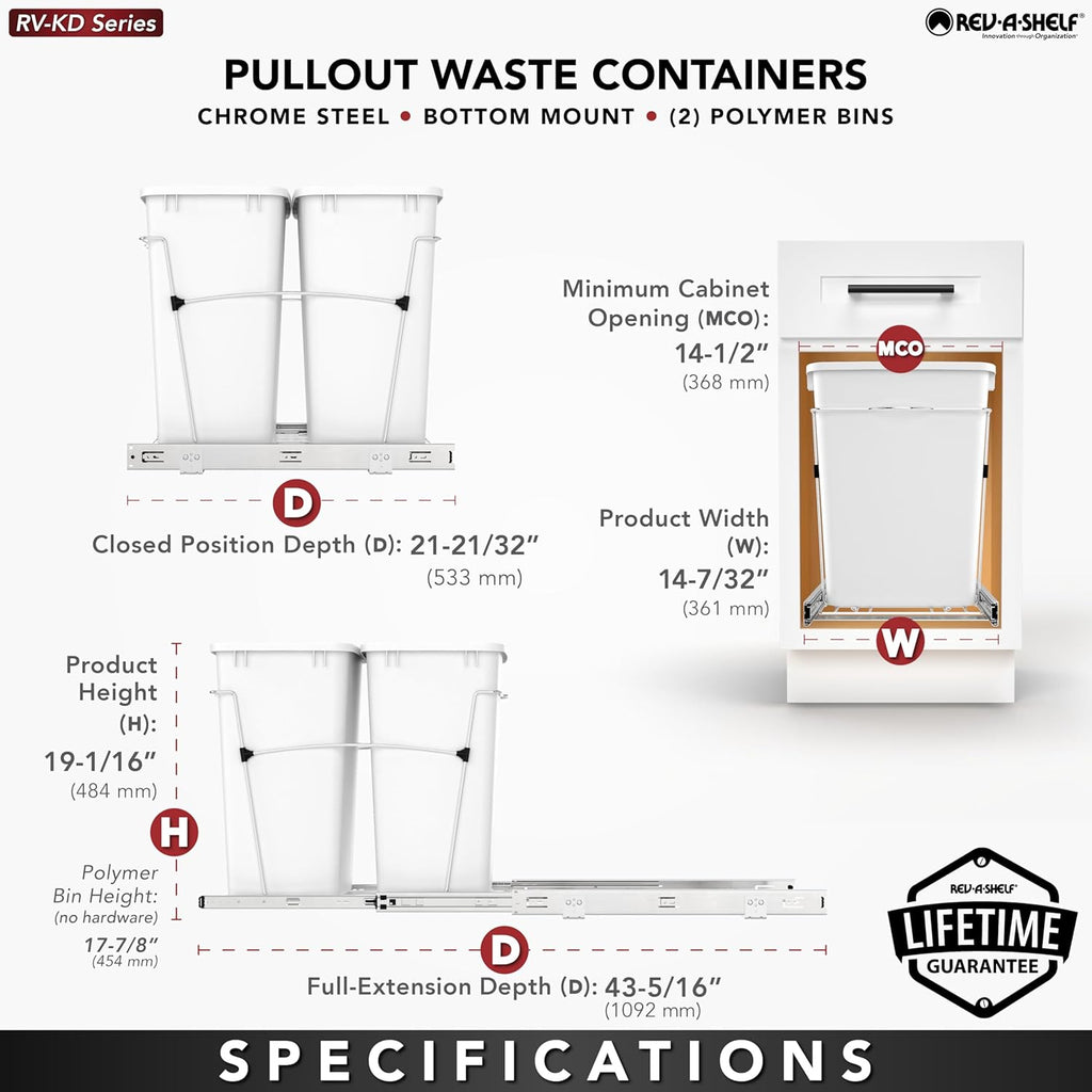 Rev-A-Shelf Double Pullout Trash Can for Kitchen Cabinets 35 Qt Garbage Recycling Bin on Full-Extension Slides, Silver, RV-18KD-17C S