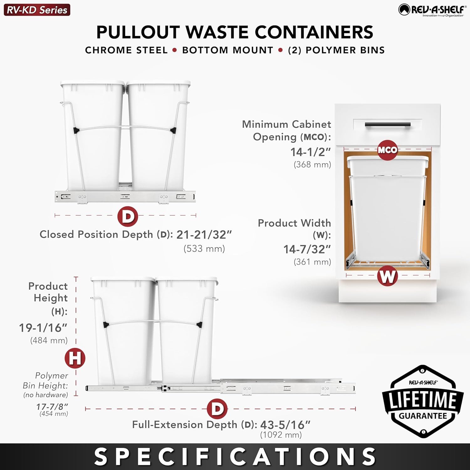 Rev-A-Shelf Double Pullout Trash Can for Kitchen Cabinets 35 Qt Garbage Recycling Bin on Full-Extension Slides, Silver, RV-18KD-17C S