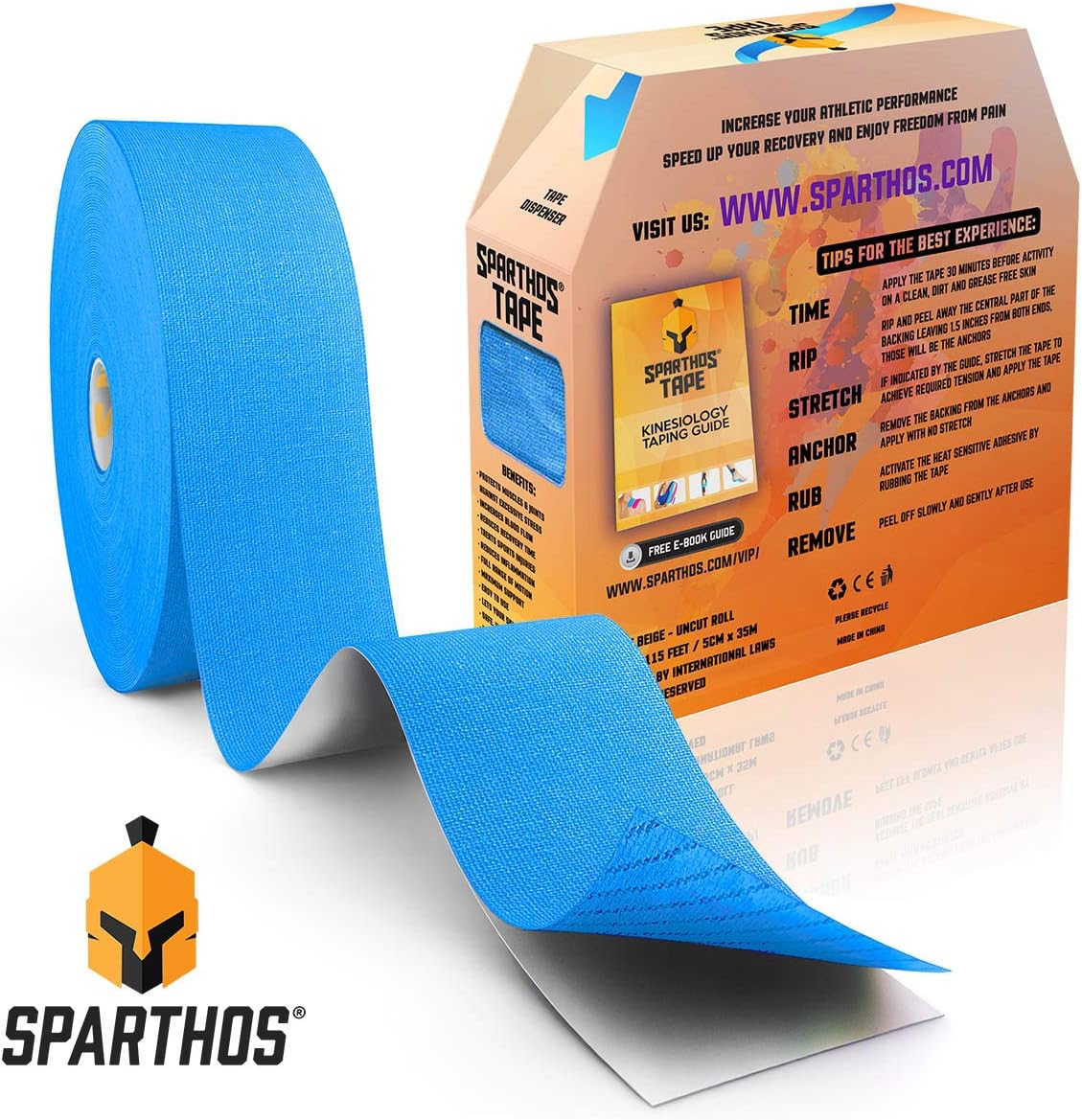 Sparthos Kinesiology Tape - Bulk Large Jumbo - Kinesio Taping Guide! - Support for Pro Athletic Sports - Lift Knee Muscle Body Wrist Brace Carpal Tunnel - Uncut 115 ft Roll (Blue)