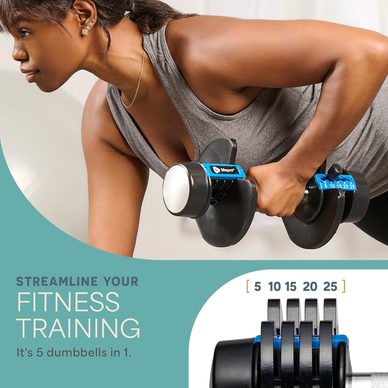 Lifepro Adjustable Dumbbells Set - 5in1-15lb 25lb 43lb 55lb weights Set Single with Rack - Quick Adjust, Secure Grip - Compact Hand Weights for Men Women Home Gym