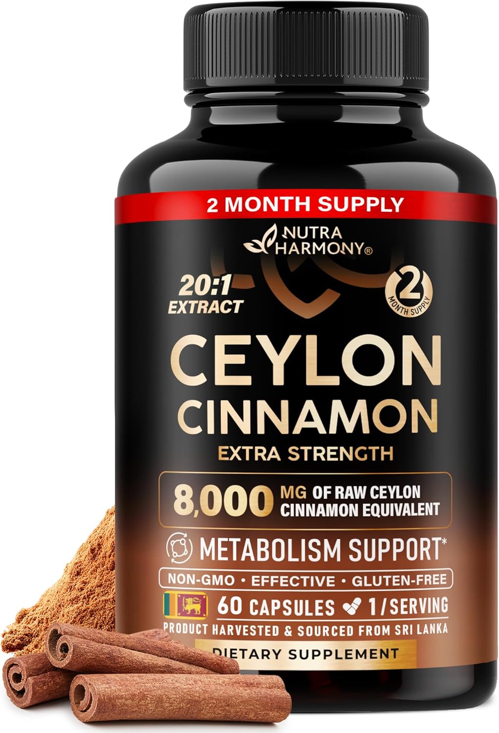 Ceylon Cinnamon Capsules - Extra Strength - Energy Heart Metabolism Support for Men Women - Pure Natural Cinnamon 20:1 Extract Supplement - GMO Gluten Free - Made in USA - 60 Capsules 2 Month