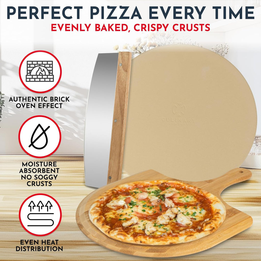 3PCS Round Pizza Stone for Oven Set 15inch - Comes with Pizza Peel for Oven and Cutter - Cordierite Stones for Bread, Calzone, Cookies