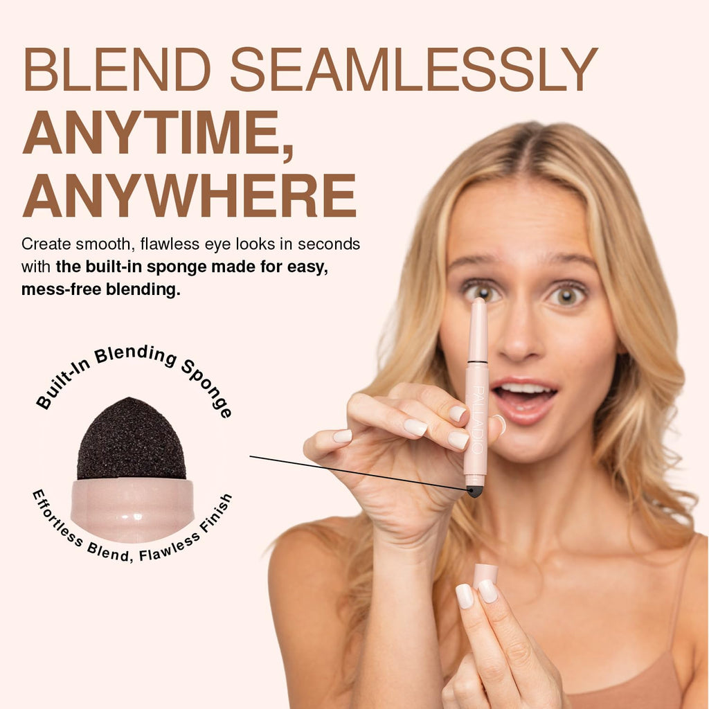 Palladio Waterproof Eyeshadow Stick with Blending Sponge, Long Lasting Effortless Application, Smudge Free Crease Proof Formula, Matte Shimmer Shades, Buildable Eye Shadow (Bronze Shimmer)