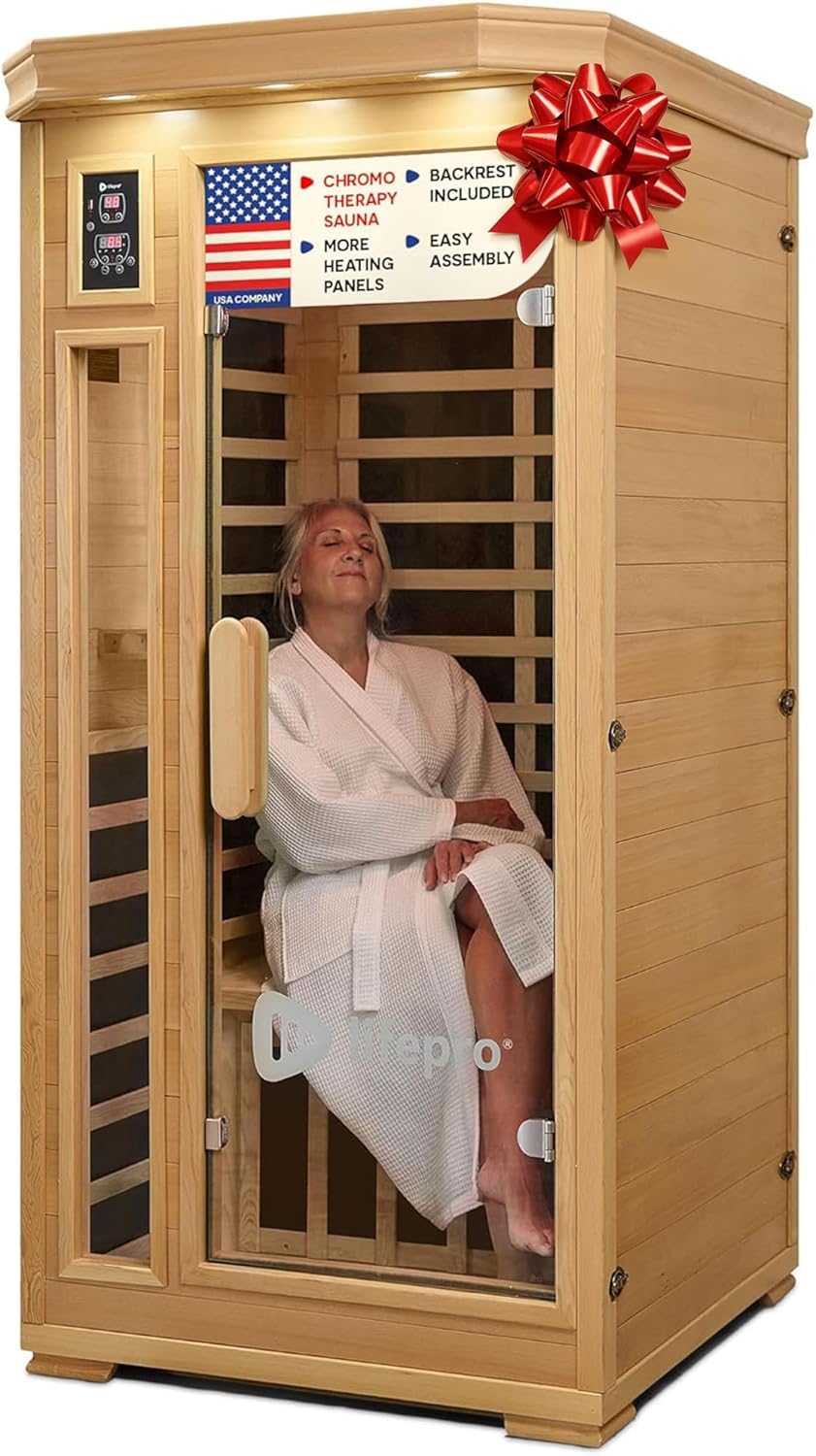 LifePro 1 Person Far Infrared Sauna for Home - Home Sauna, Tempered Glass Door, Oxygen Ionizer, & 7 Chromotherapy Lights for Indoor Sauna - Canadian Hemlock Wood Dry Sauna with Bluetooth Sound System