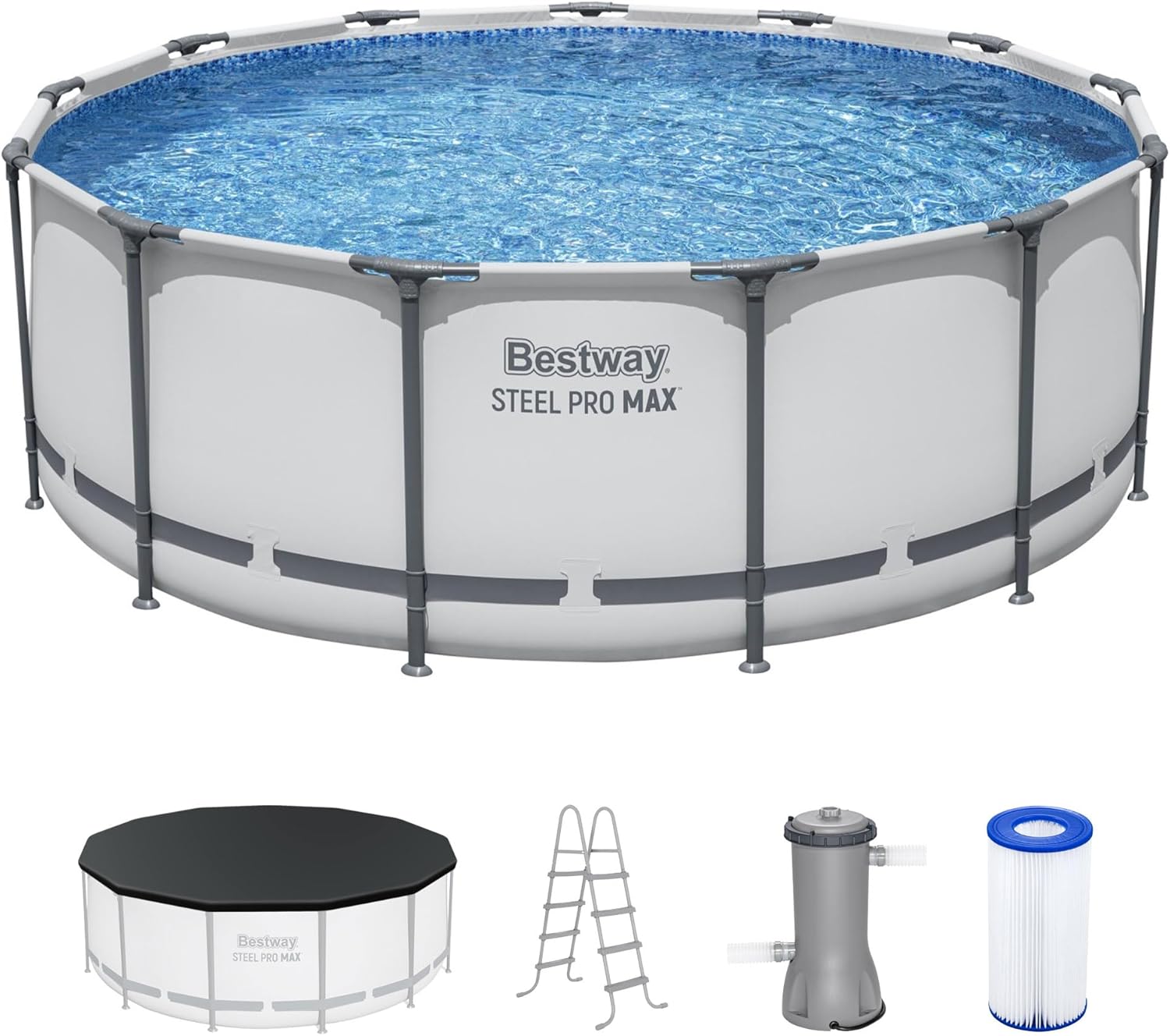 Steel Pro MAX 13' x 48inch Above Ground Pool, Round Metal Frame Outdoor Swimming Pool Set with Filter Pump, Ladder, and Cover, Gray