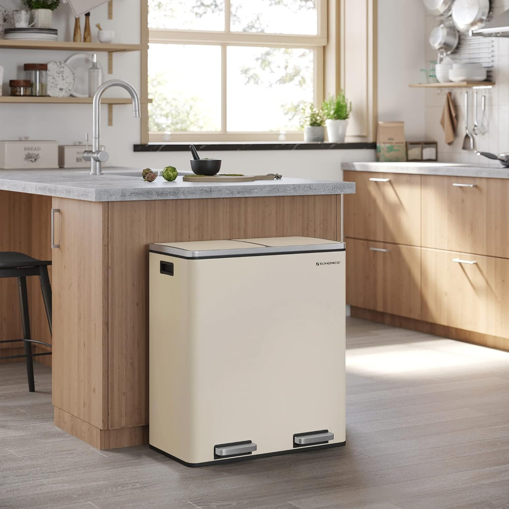Trash Can, 2 x 8 Gallon (2 x 30 L) Garbage Can for Kitchen, with 15 Trash Bags, 2 Compartments, Plastic Inner Buckets and Hinged Lids, Airtight, Almond Color ULTB201A01